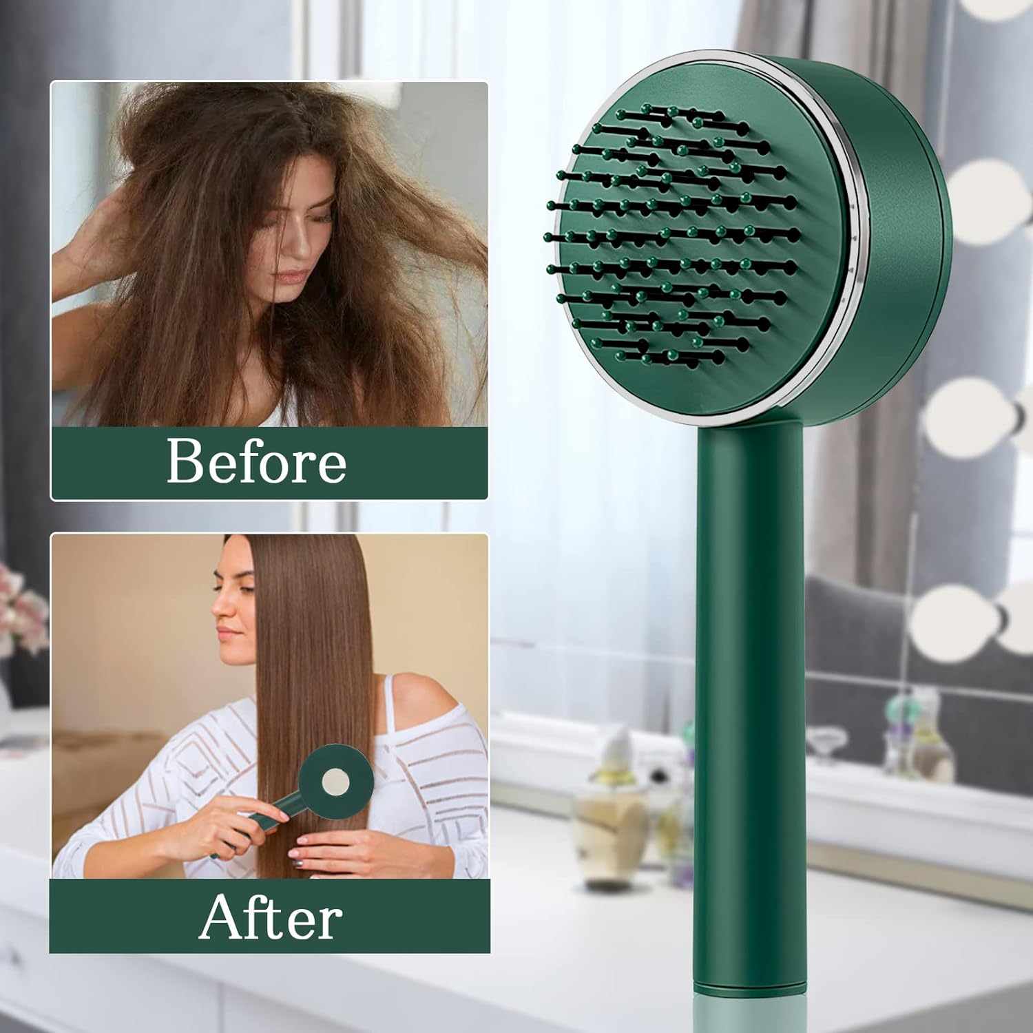 Air Cushion Massage Brush with Self‑Cleaning Detangling Comb