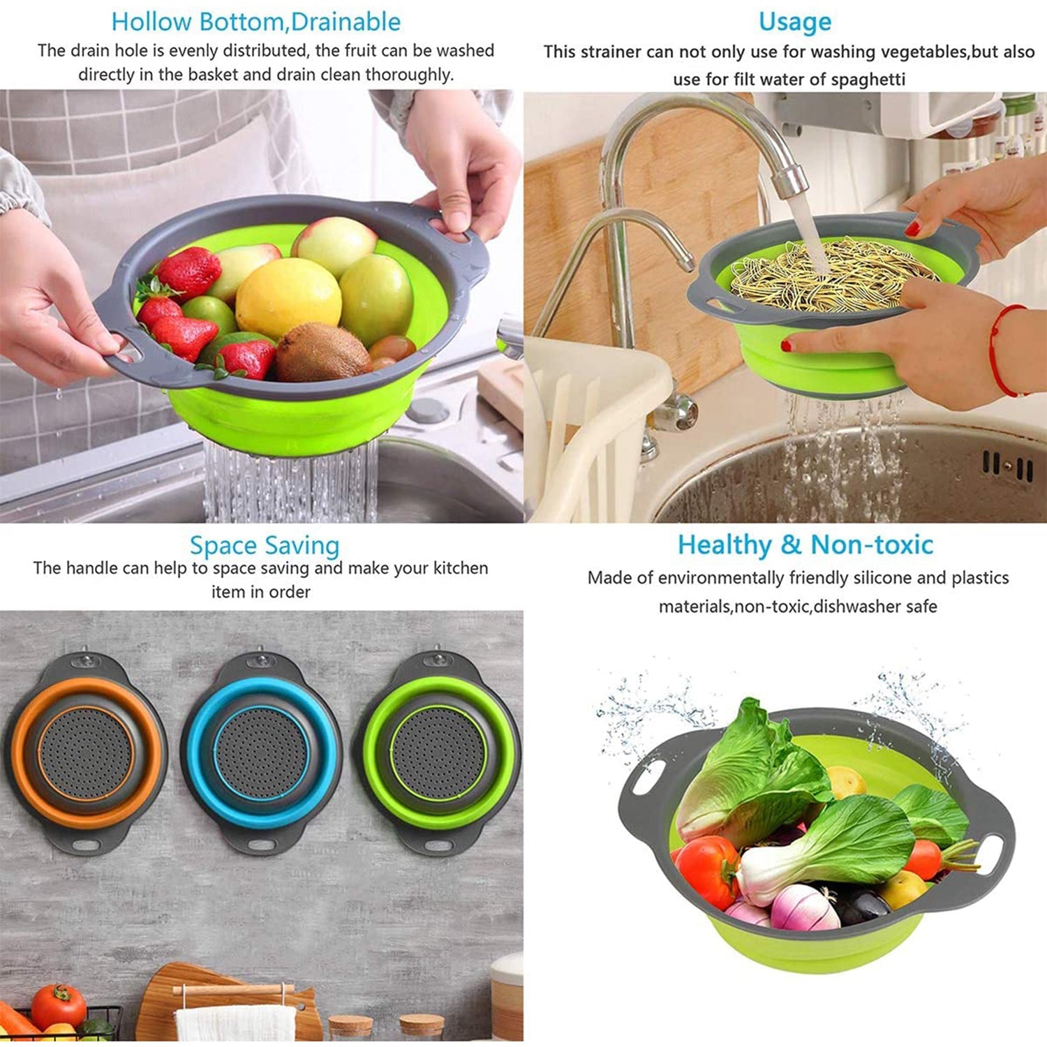 Foldable Round Silicone Strainer, Collapsible Kitchen Colander for Home & Office Use