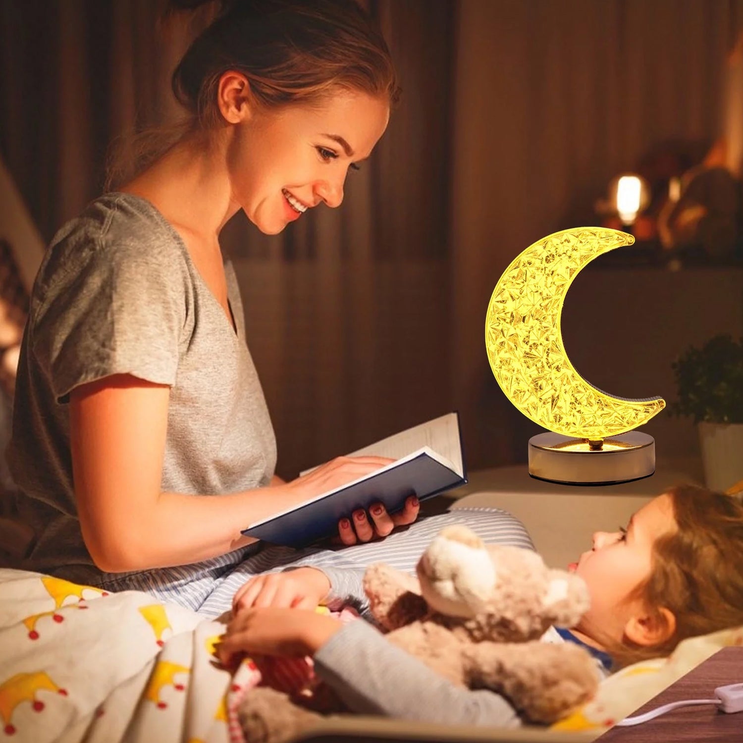 Crystal Moon-Shaped Table Lamp – Touch Control, 3-Color Dimming, USB Rechargeable Night Light