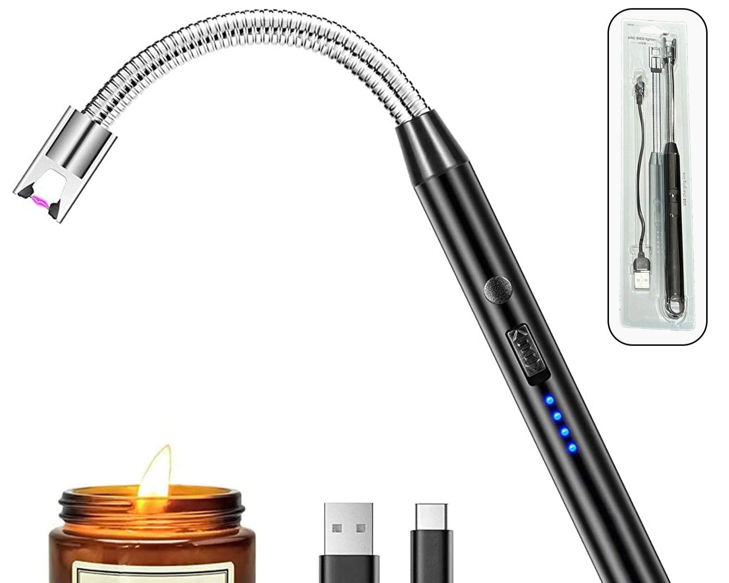 USB Rechargeable Electric Arc Lighter – Long, Flexible Neck, Windproof & Flameless Plasma
