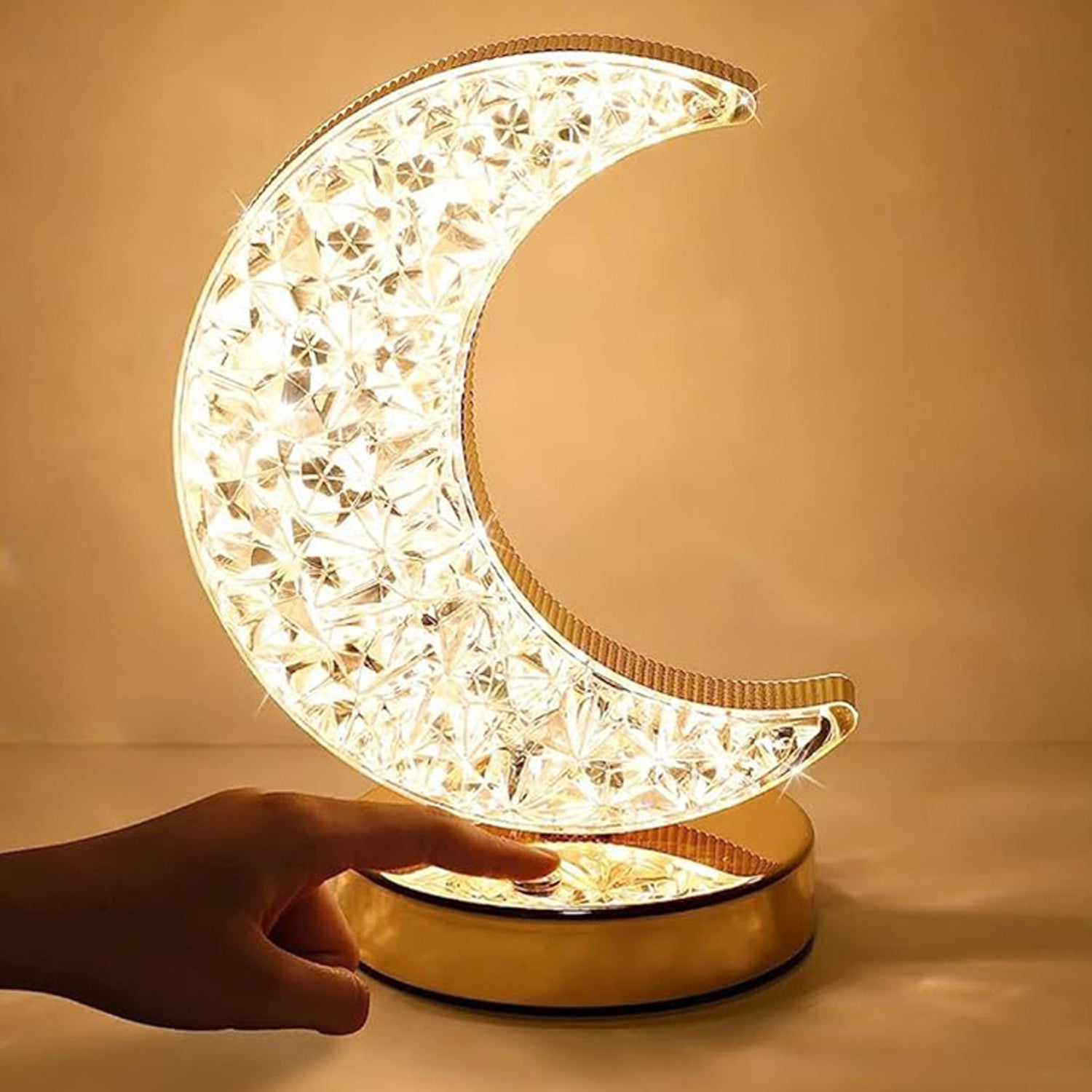 Crystal Moon-Shaped Table Lamp – Touch Control, 3-Color Dimming, USB Rechargeable Night Light