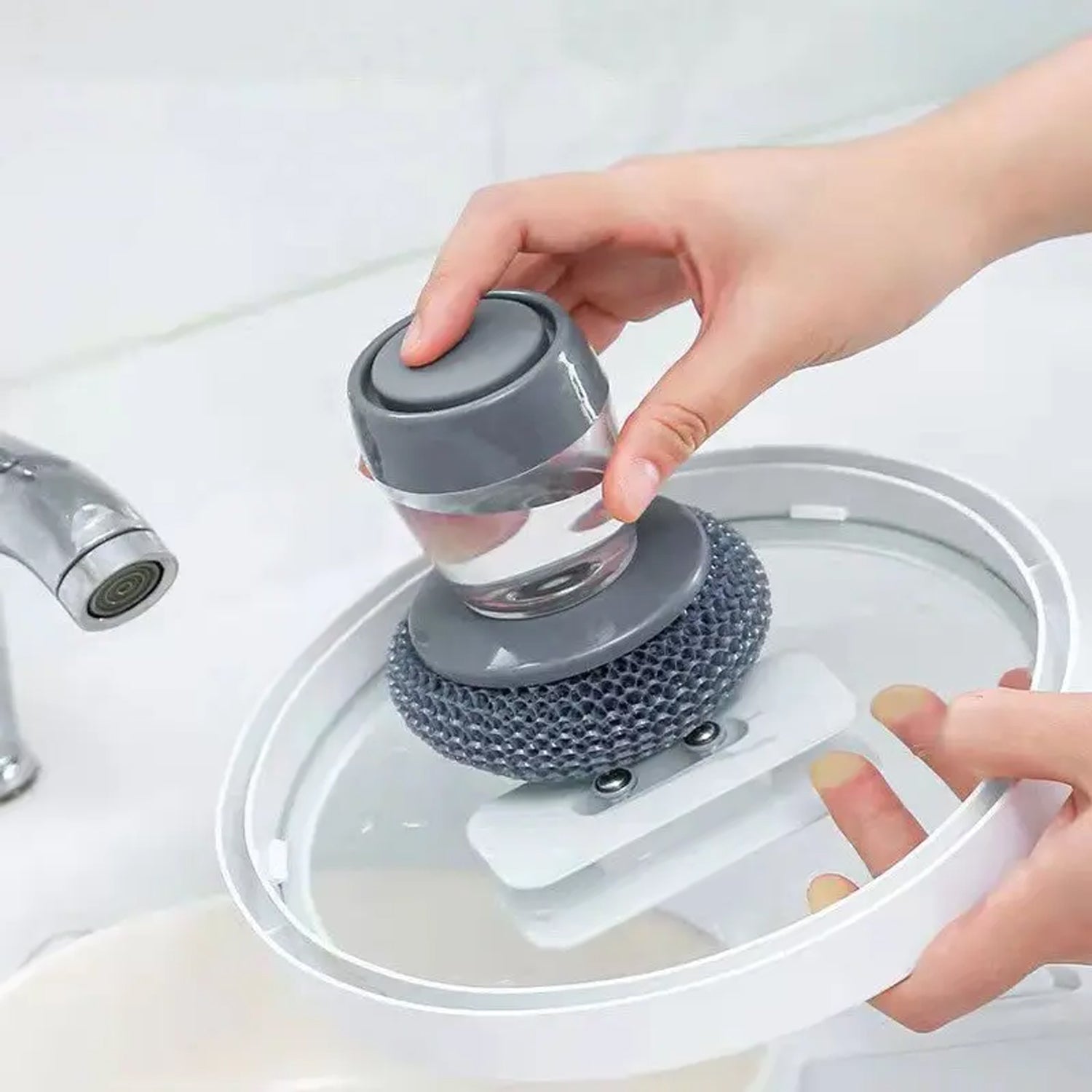 Palm Dish Brush with Soap Dispenser, Kitchen Sink Scrubbing Tool