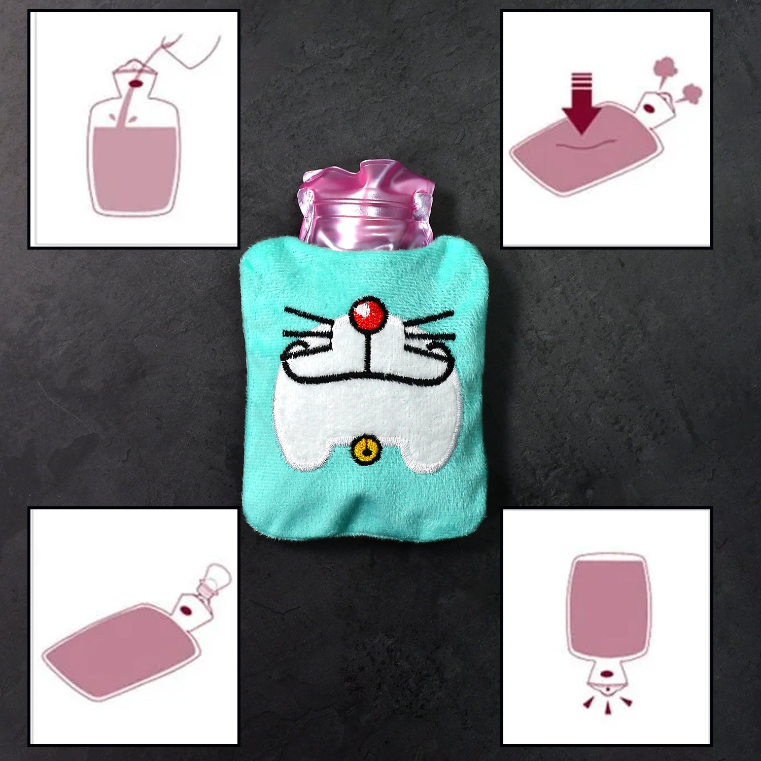 Doremon Cartoon Hot Water Bag, Small Size with Soft Cover for Pain Relief & Warmth