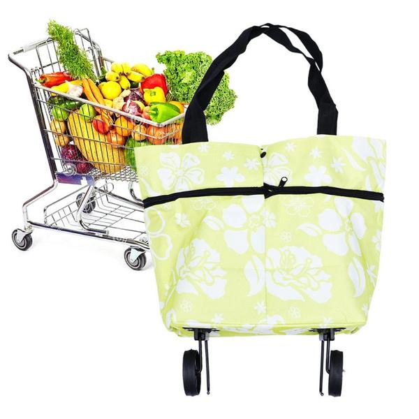 Foldable Trolley Shopping Bag, Travel Luggage Cart Bag with Wheels