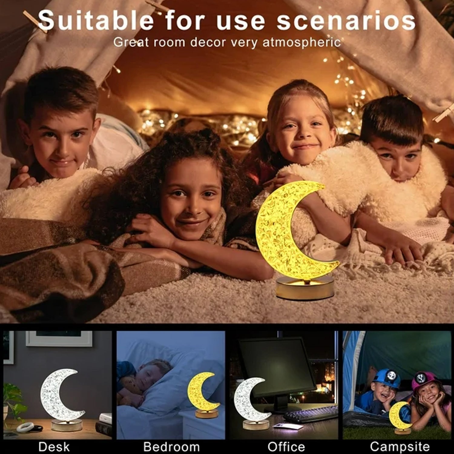 Crystal Moon-Shaped Table Lamp – Touch Control, 3-Color Dimming, USB Rechargeable Night Light