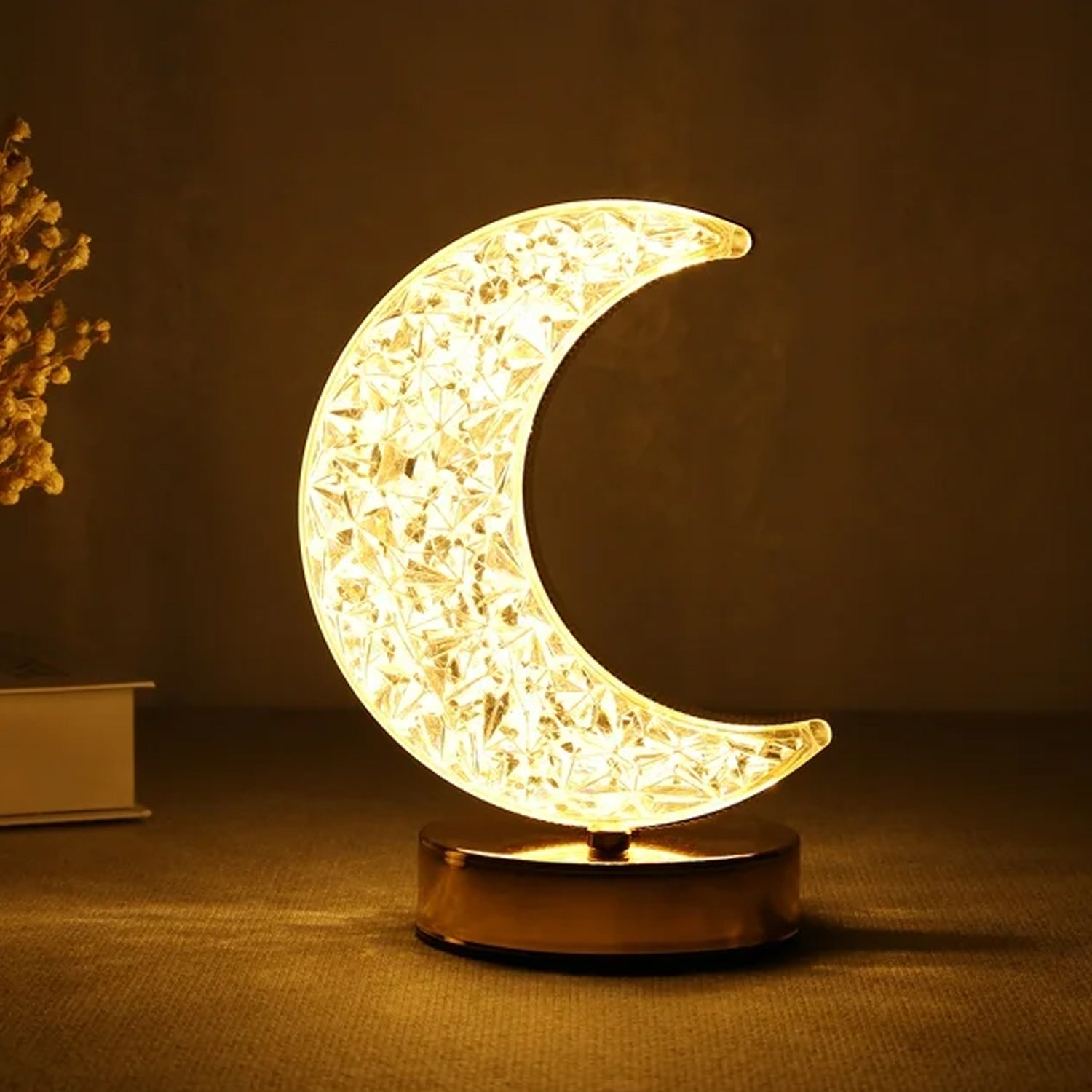 Crystal Moon-Shaped Table Lamp – Touch Control, 3-Color Dimming, USB Rechargeable Night Light