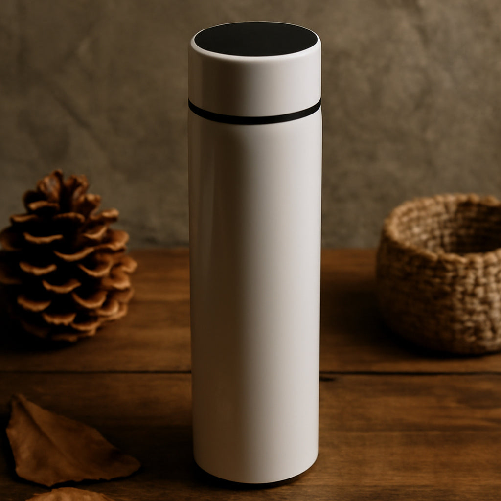 White Smart Flask with Temperature Display – Leak-Proof, Vacuum Insulated Water Bottle (500ml)