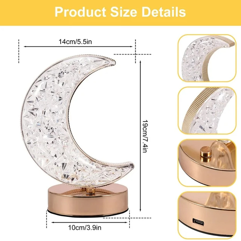 Crystal Moon-Shaped Table Lamp – Touch Control, 3-Color Dimming, USB Rechargeable Night Light