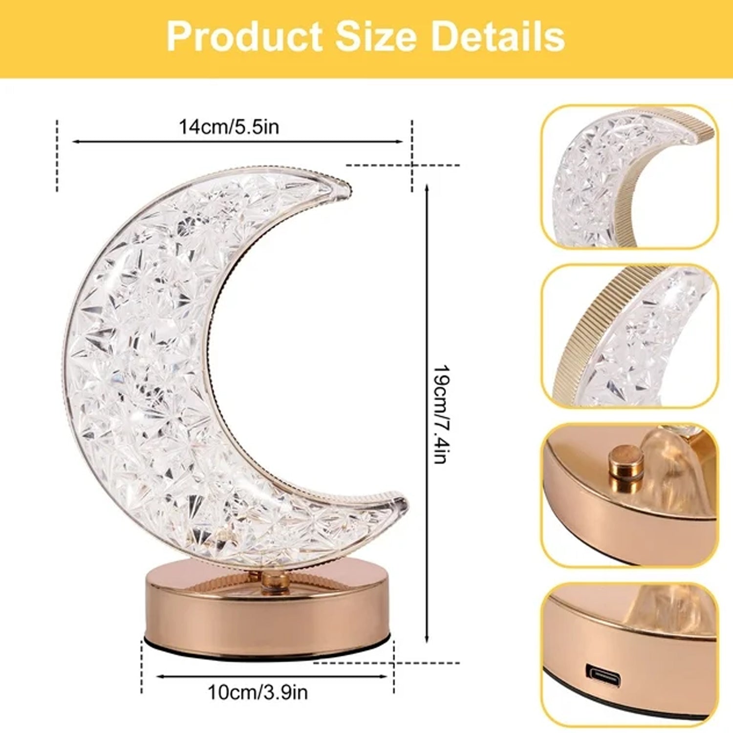 Crystal Moon-Shaped Table Lamp – Touch Control, 3-Color Dimming, USB Rechargeable Night Light