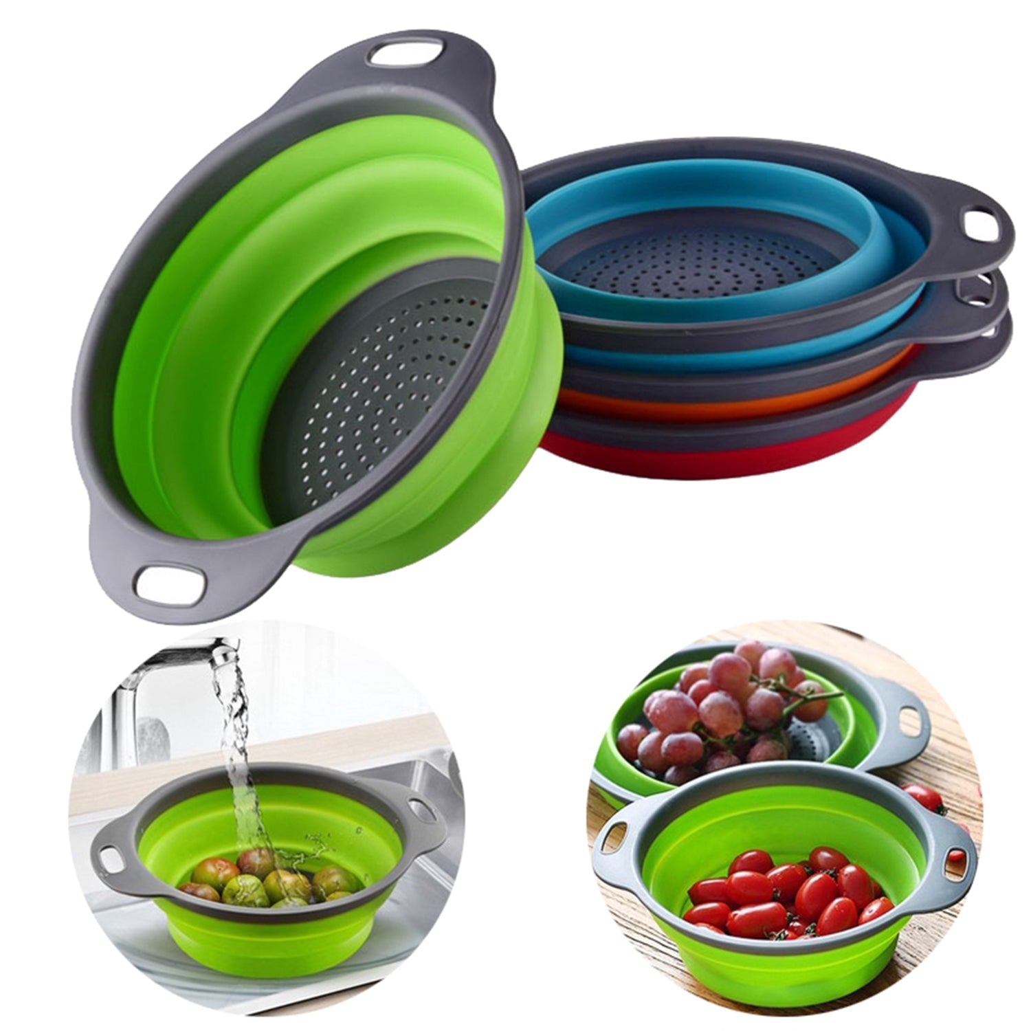 Foldable Round Silicone Strainer, Collapsible Kitchen Colander for Home & Office Use
