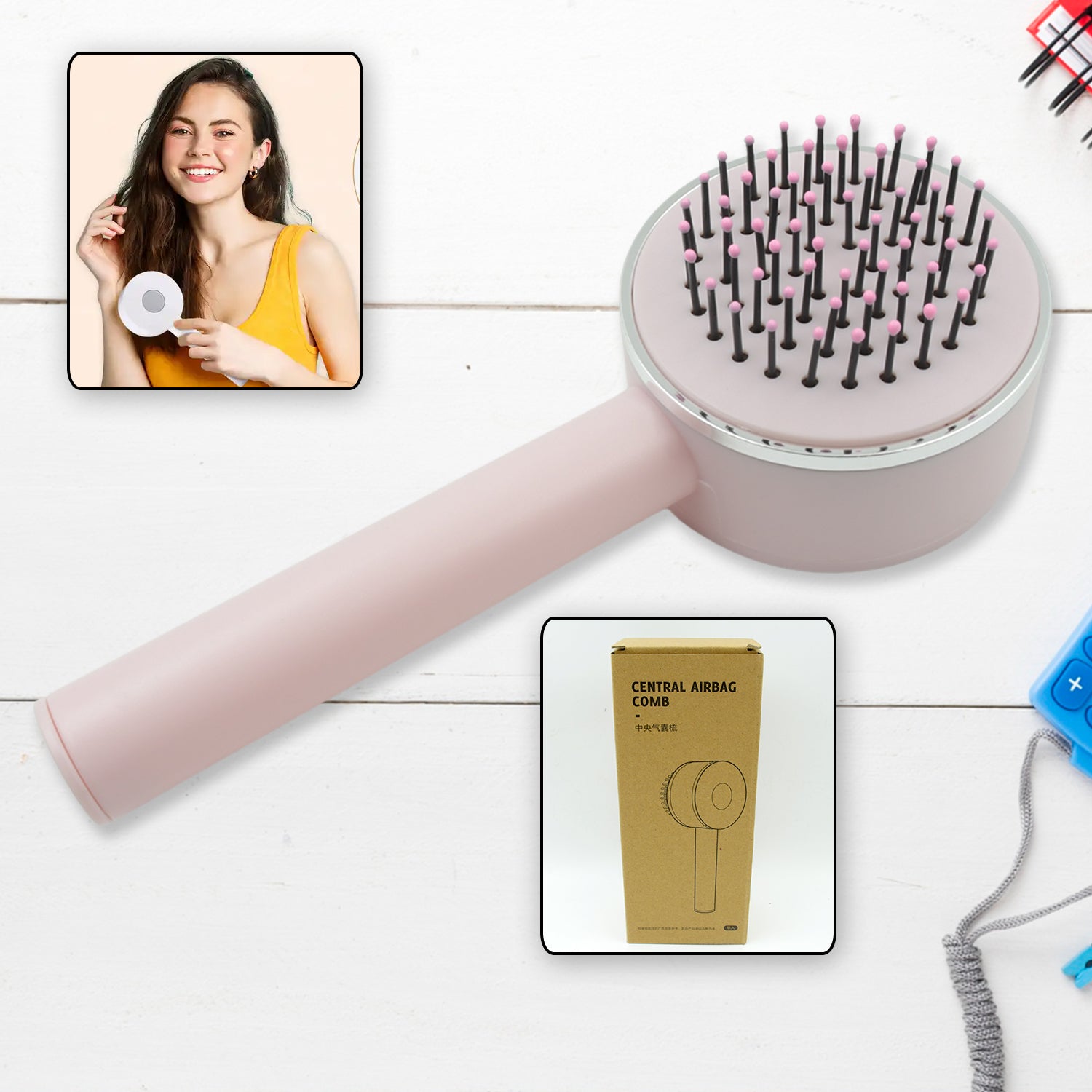 Air Cushion Massage Brush with Self‑Cleaning Detangling Comb