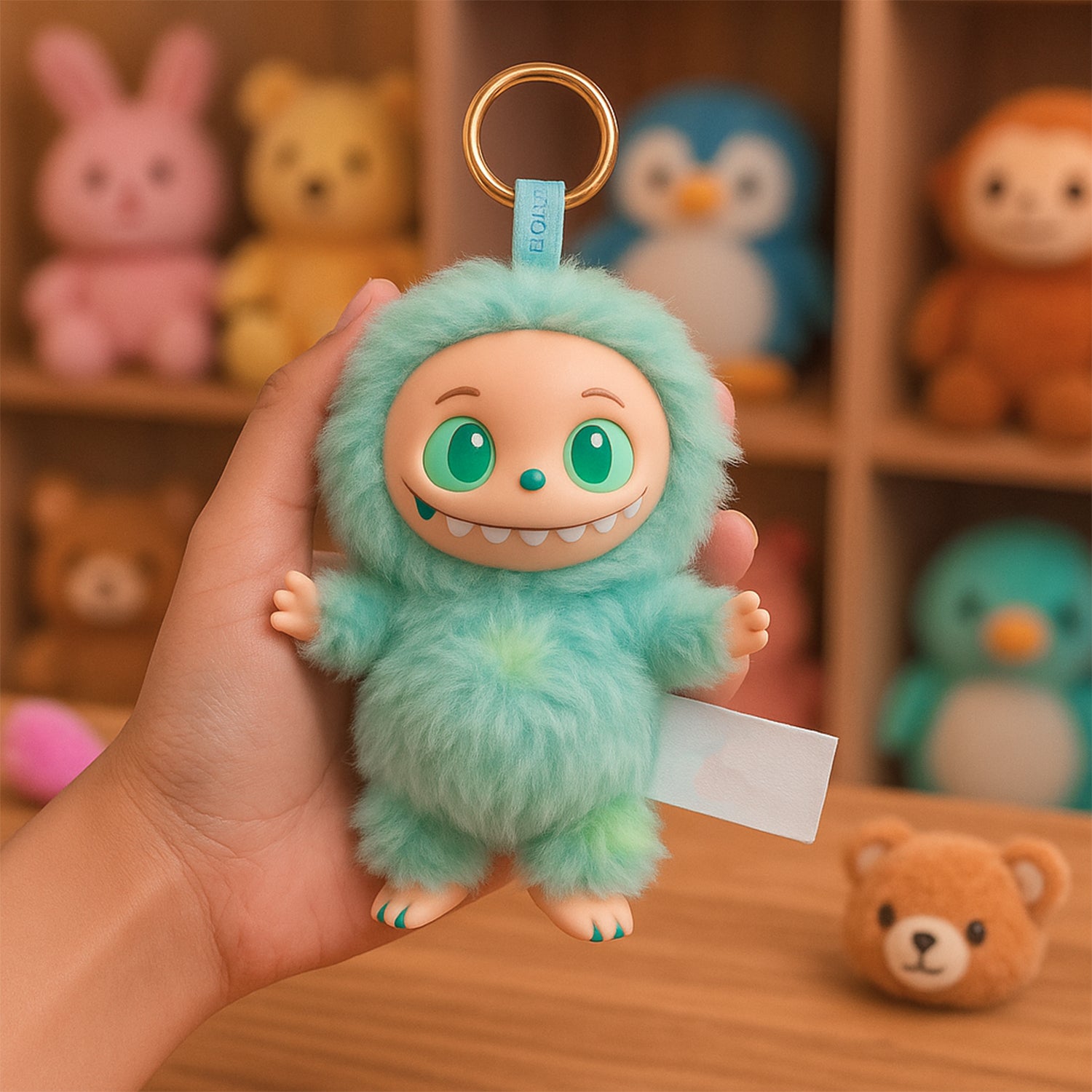 Original Labubu Mint Green Plush Toy Cartoon Keychain with Hook