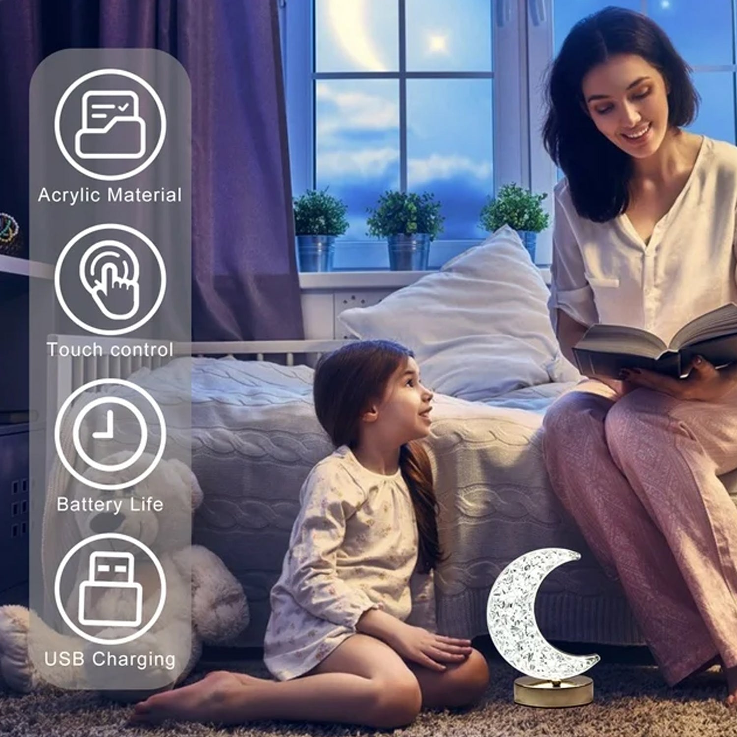 Crystal Moon-Shaped Table Lamp – Touch Control, 3-Color Dimming, USB Rechargeable Night Light