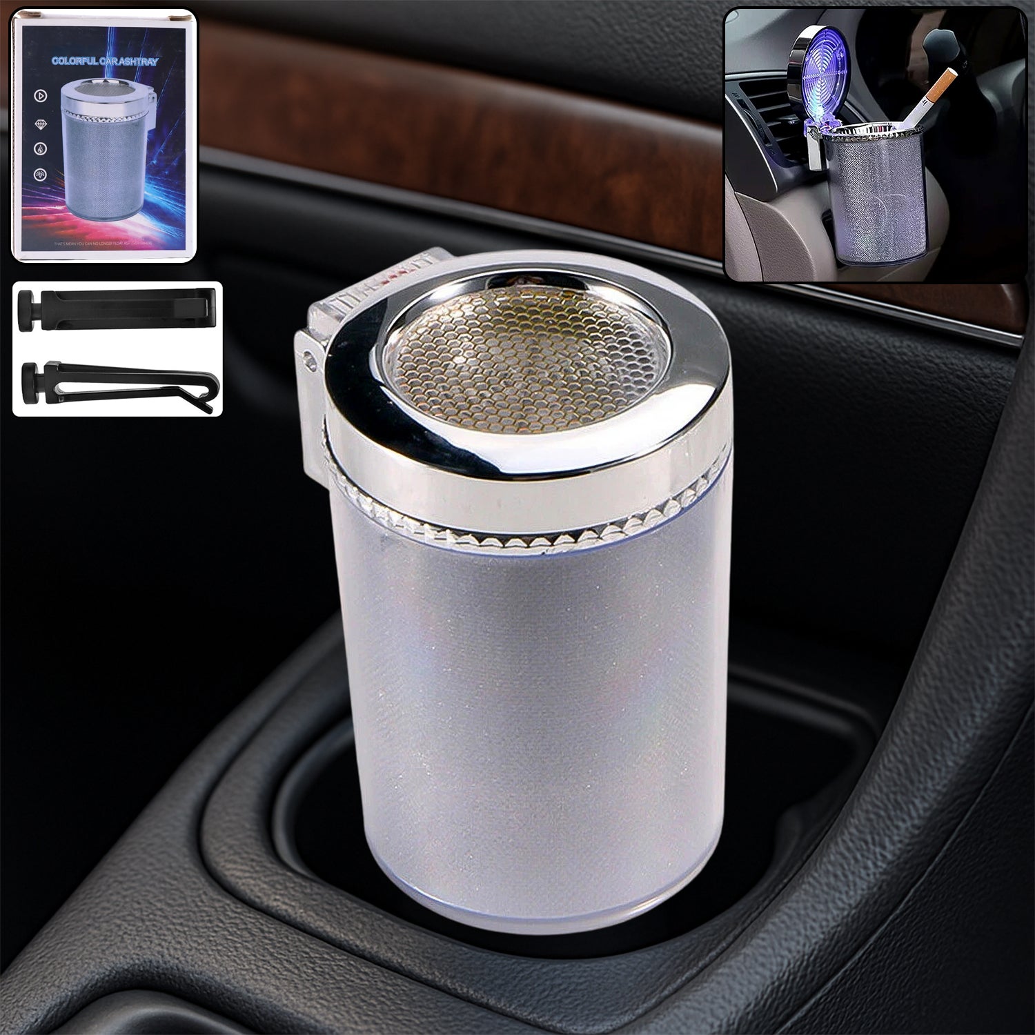 LED Car Ashtray with Lid – Premium Quality, Detachable Holder, Smokeless Design
